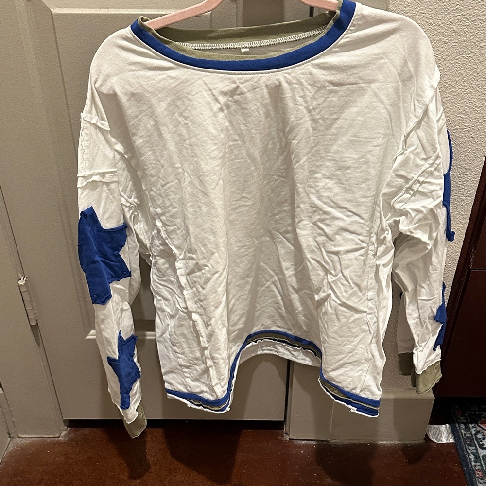 White Long Sleeve Pullover with Blue Stars